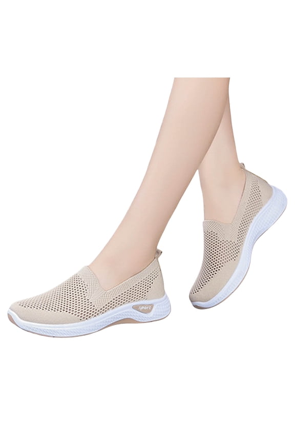 Women's Slip on Walking Shoes Knit Mesh Tennis Sneaker Breathable Casual Loafers Beige 7.5