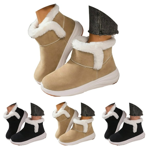 Dakaela Women's Slip on Winter Snow Boots Fleece Lined Suede Ankle Booties Memory Foam Outdoor Walking Work Shoes Beige 6