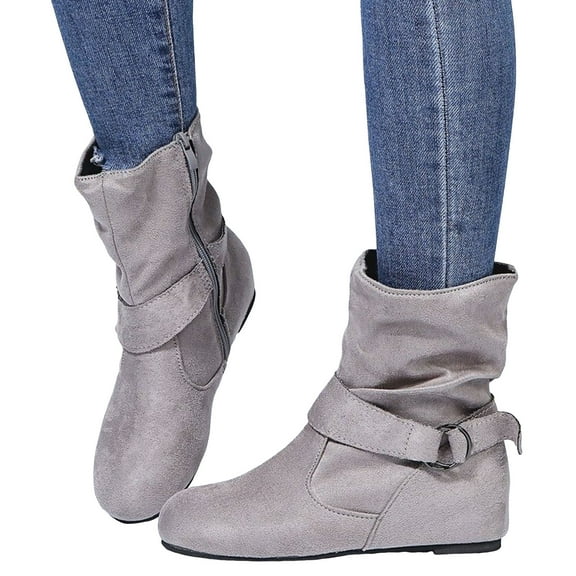 Dakaela Women's Slouch Ankle Boots Western Flat Casual Slip on Booties Winter Walking Work Shoes Grey 6
