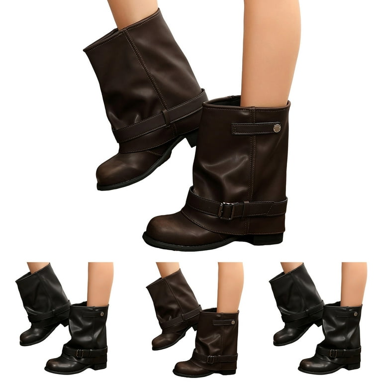 Dakaela Women's Slouchy Fold Over Boots Platform Wide Calf Western