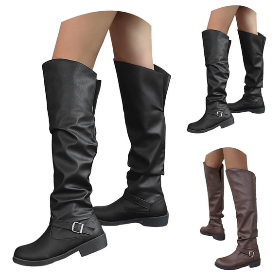 Dakaela Women's Slouchy Knee High Boots Comfortable Round Toe Riding Combat Boots for Fall and Winter Wear
