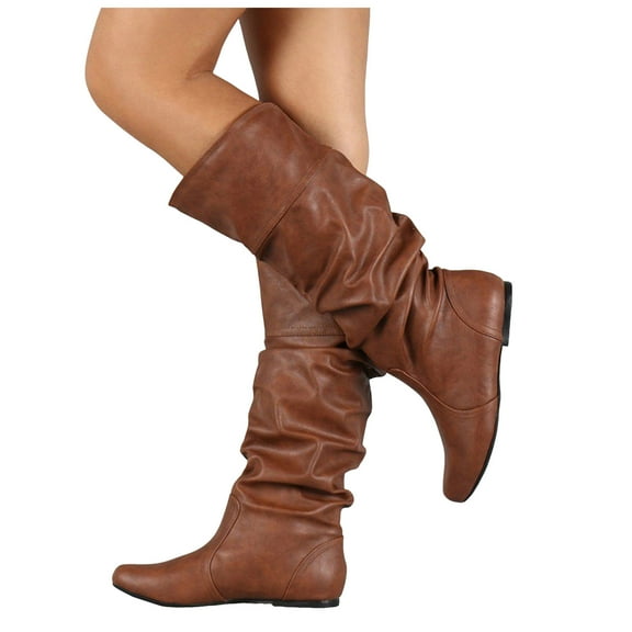 Dakaela Women's Slouchy Knee High Boots Flat Low Heel Tall Boot Winter Walking Pull on Work Boots Brown 9.5