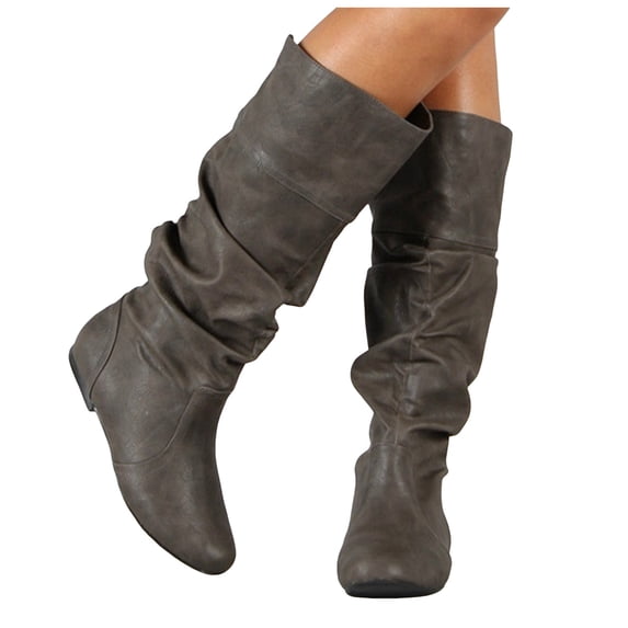 Dakaela Women's Slouchy Knee High Boots Flat Low Heel Tall Boot Winter Walking Pull on Work Boots Grey 7.5