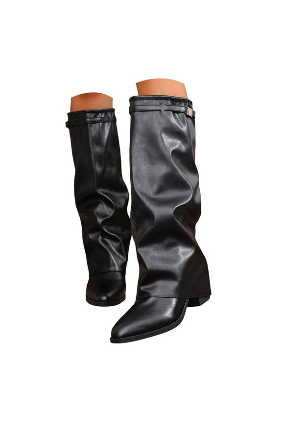 Women's Slouchy Knee High Boots Fold Over Chunky Heel Wide Calf Pull on Winter Tall Long Boot