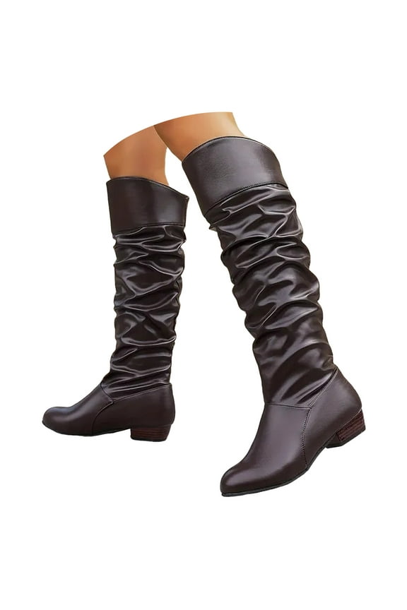 Women's Slouchy Knee High Boots Leather Pull on Flat Boot Side Zipper Fall Winter Dress Shoes
