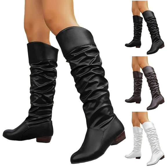 Dakaela Women's Slouchy Knee High Boots Leather Pull on Flat Boot Side Zipper Fall Winter Dress Shoes