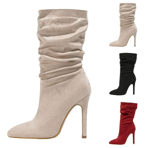 Dakaela Women's Slouchy Mid Calf Boots 4.3 Inch Stiletto High Heel Booties Side Zipper Dress Pumps Beige 5.5
