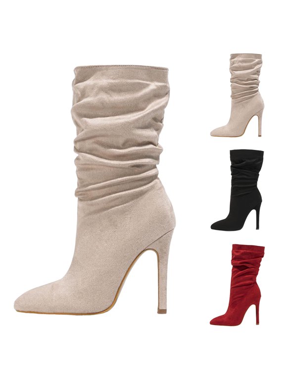 Women's Slouchy Mid Calf Boots 4.3 Inch Stiletto High Heel Booties Side Zipper Dress Pumps Beige 5.5