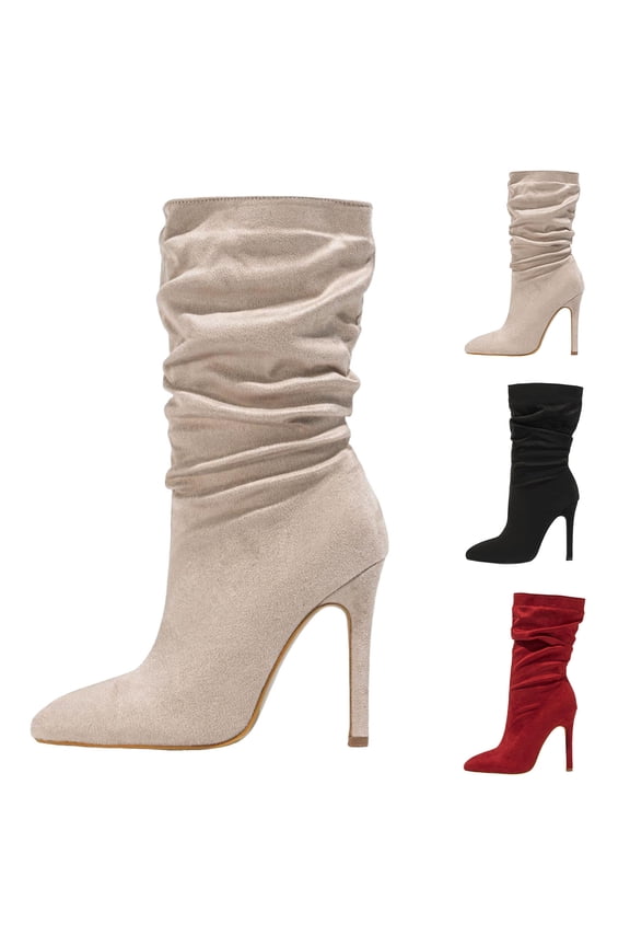 Women's Slouchy Mid Calf Boots 4.3 Inch Stiletto High Heel Booties Side Zipper Dress Pumps Beige 7.5