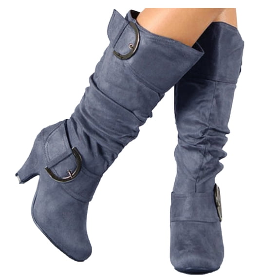 Dakaela Women’s Slouchy Mid Calf Heeled Boots Side Zipper Buckles Decor Suede Fashion Knee High Boots Round Toe Fall Winter Dress Boot