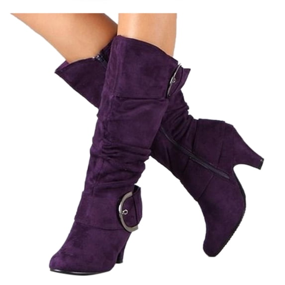 Dakaela Women’s Slouchy Mid Calf Heeled Boots Side Zipper Buckles Decor Suede Fashion Knee High Boots Round Toe Fall Winter Dress Boot
