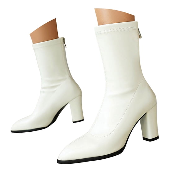 Dakaela Women's Sock Boots Chunky Heel Ankle Booties Stretch Fall Winter Slip on Mid Calf Boots White 7