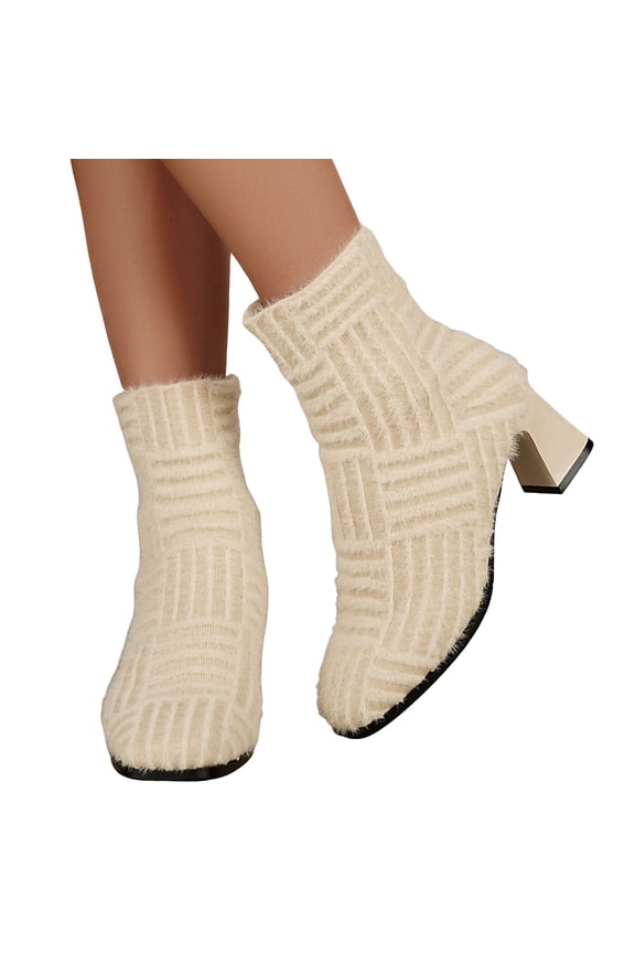 Women's Sock Boots Suede Chunky Mid Heel Ankle Booties Square Toe Fall Winter Slip on Dress Pumps Shoes Beige 6.5