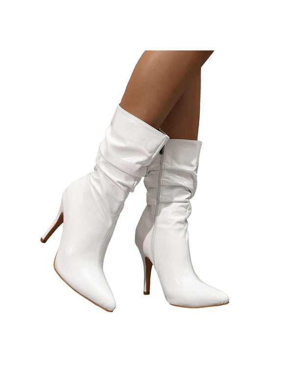 Women's Stiletto High Heel Boots Pleated Mid Calf Ankle Booties Pointed Toe Slouch Pull on Pump Shoes