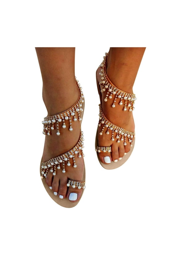 Women's Strappy Flat Sandals Pearl Toe Ring Summer Flip Flops Bohe Dressy Flower Slides Brown 7.5