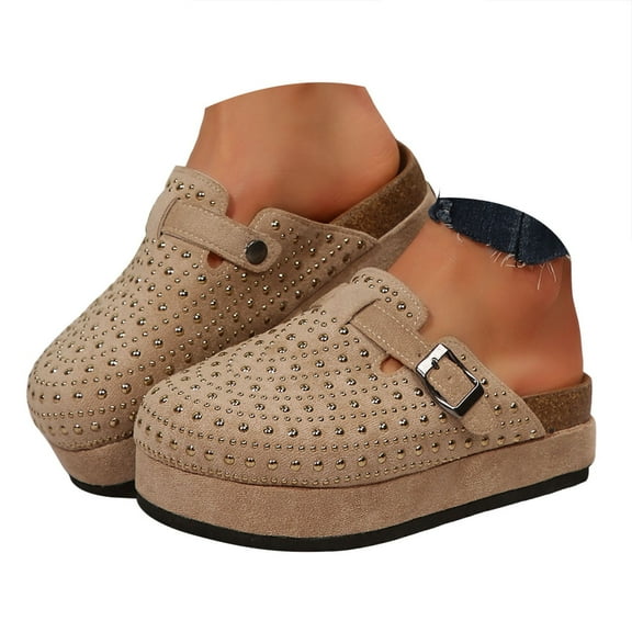 Dakaela Women's Suede Clogs Cork Footbed Sandals Comfort Platform Mules Rhinestone Slip on Slippers
