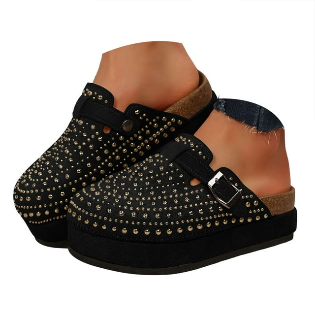 Dakaela Women's Suede Clogs Cork Footbed Sandals Comfort Platform Mules Rhinestone Slip on Slippers
