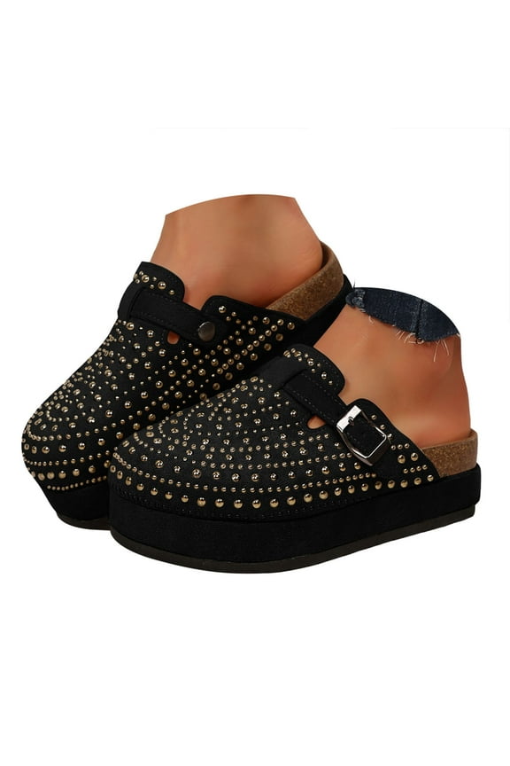 Women's Suede Clogs Cork Footbed Sandals Comfort Platform Mules Rhinestone Slip on Slippers