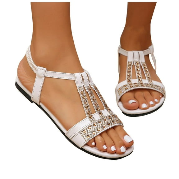 Dakaela Women's Summer Flat Sandals Comfortable Bohemian Beaded Flats Elastic Ankle T-Strap Dress Shoes