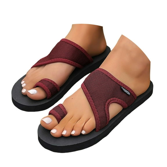Dakaela Women's Summer Sandals Toe Ring Brethable Flat Slides Casual Hollow Mesh Flip Flops Red 6