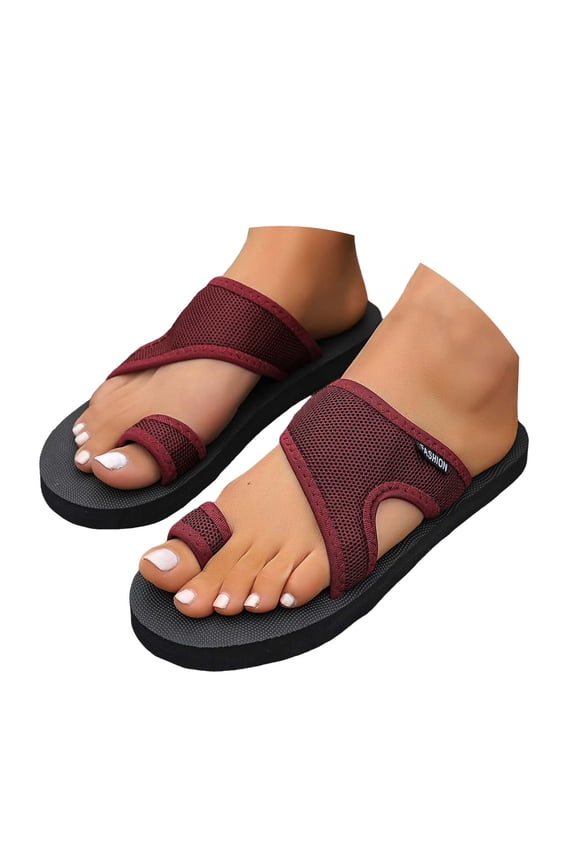 Women's Summer Sandals Toe Ring Brethable Flat Slides Casual Hollow Mesh Flip Flops Red 6