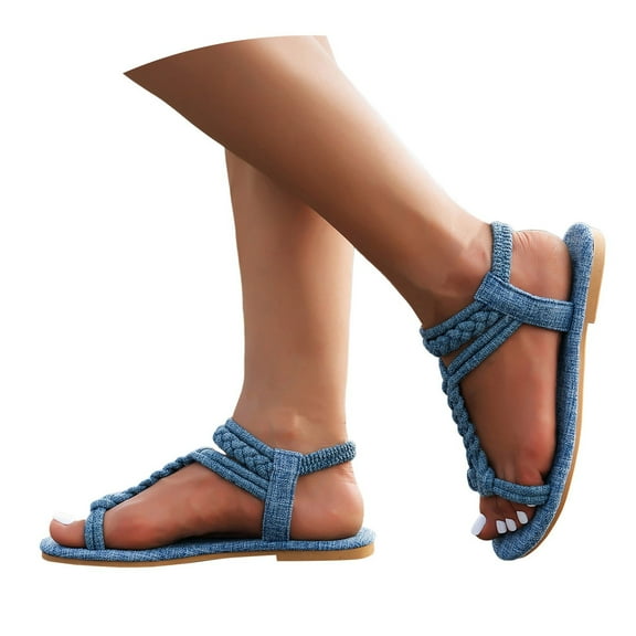 Dakaela Women's T-Strap Thong Flat Sandals Denim Braided Summer Slip on Shoes Beach Walking Flip Flops
