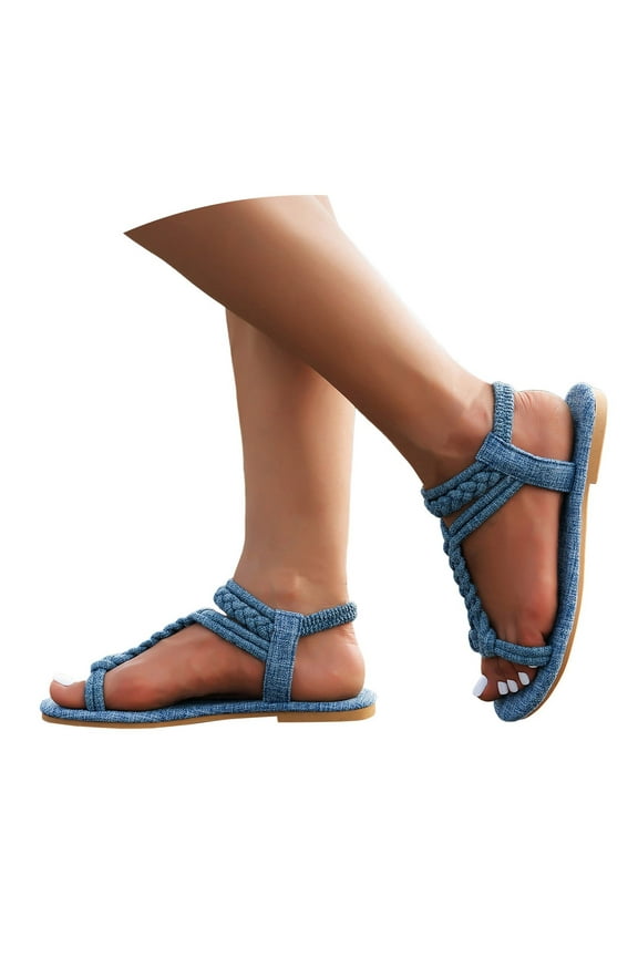 Women's T-Strap Thong Flat Sandals Denim Braided Summer Slip on Shoes Beach Walking Flip Flops