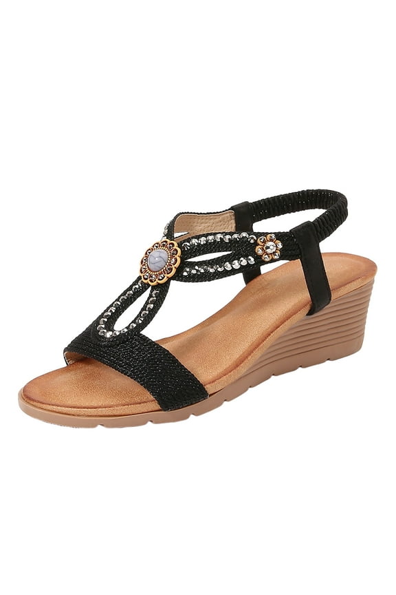 Women's T Strap Wedge Sandals Rhinestone Bohe Platform Slip on Shoes Summer Walking Flip Flops