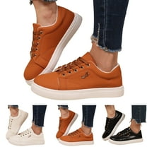 Dakaela Women's Tennis Shoes Lace up Leather Platform Fashion Sneakers Comfortable Non Slip Flat Running Casual Shoes Black 6.5