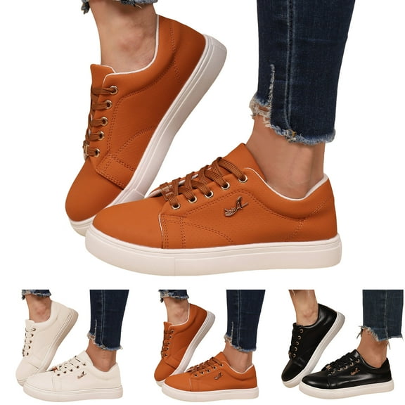 Dakaela Women's Tennis Shoes Lace up Leather Platform Fashion Sneakers Comfortable Non Slip Flat Running Casual Shoes Black 6.5