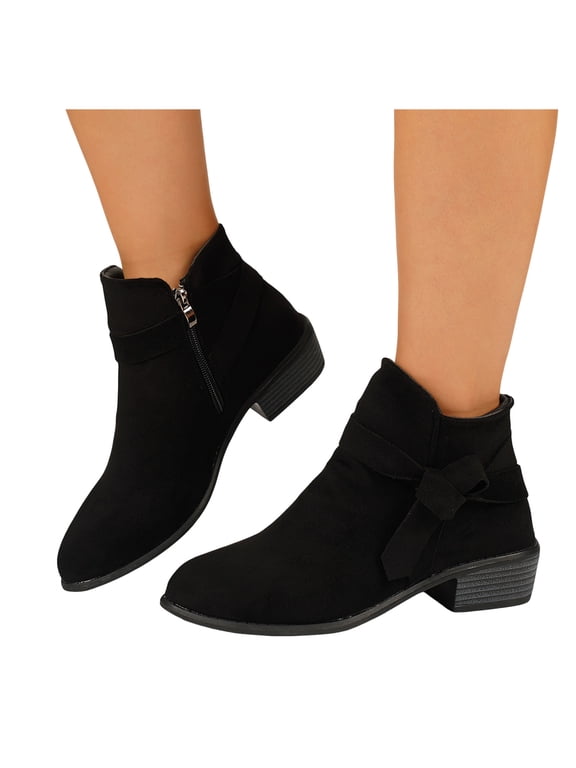 Women's Tie Knot Chelsea Ankle Boots Closed Toe Stacked Heel Booties Side Zipper Fall Work Casual Shoes