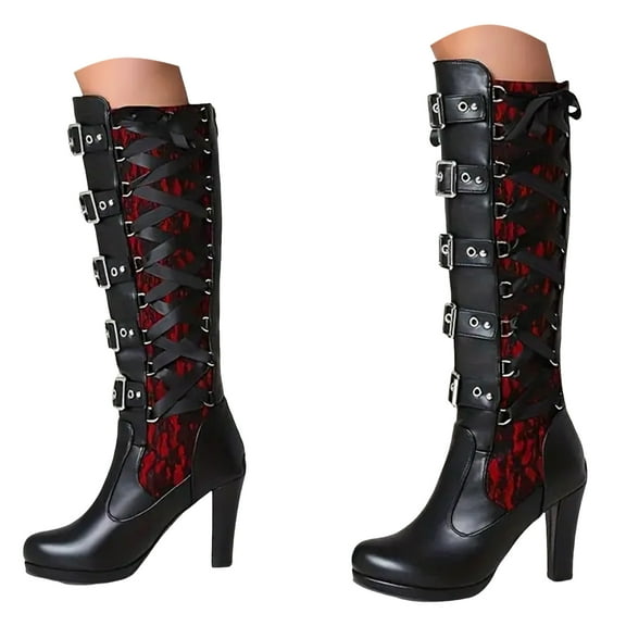 Dakaela Women's Victorian Knee-High Boots Lace up Buckle Block Heel Platform Witch Riding Combat Shoes