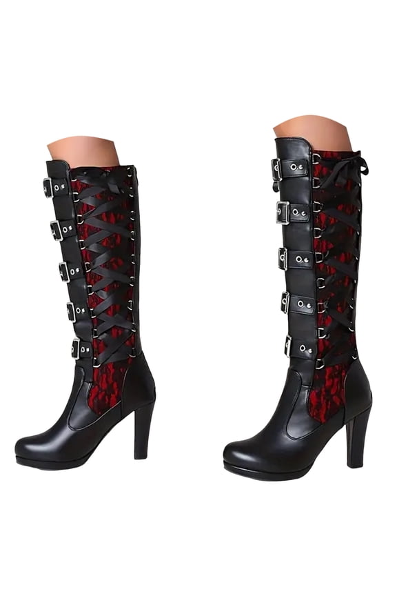 Women's Victorian Knee-High Boots Lace up Buckle Block Heel Platform Witch Riding Combat Shoes