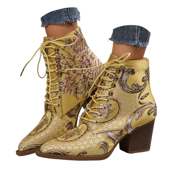 Dakaela Women's Vintage Cowboy Boots Floral Embroidered Lace up Chunky Heel Dress Ankle Booties