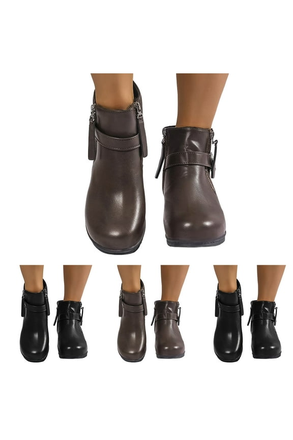 Women's Wedge Ankle Boots Platform Lug Sole Short Booties Side Zipper Buckle Dress Shoes