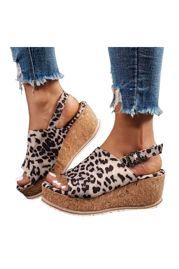 Women's Wedge Platform Sandals 2.75 Inch Open Toe Slingback Espadrille Comfortable Leopard Cork Heeled Summer Beach Slides Shoes Size 6-10
