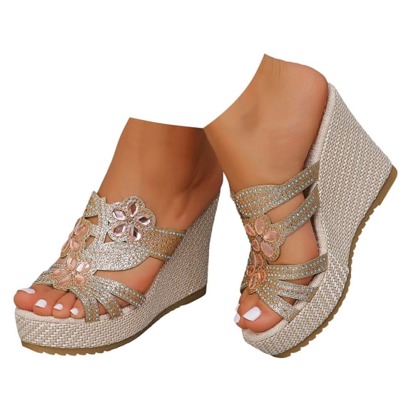 Dakaela Women's Wedge Platform Sandals 2025 Bohemian Rhinestone Espadrilles Slides Summer Beach Shoes