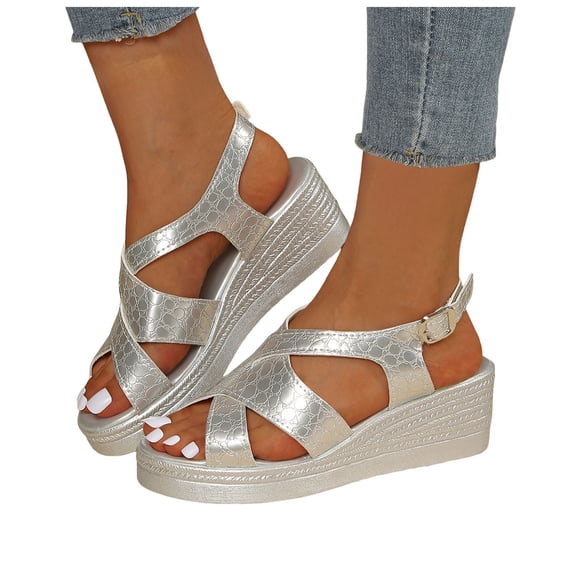 Dakaela Women's Wedge Sandals 2026 Comfortable Slingback Open Toe Platform Casual Dressy Cork Summer Dress Shoes with Arch Support Silver 6