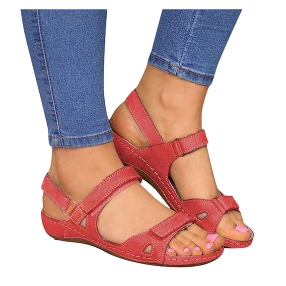 Dakaela Women's Wedge Sandals Arch Support Dressy Platform Shoes Open Toe Summer Orthopedic Flats Red 8.5
