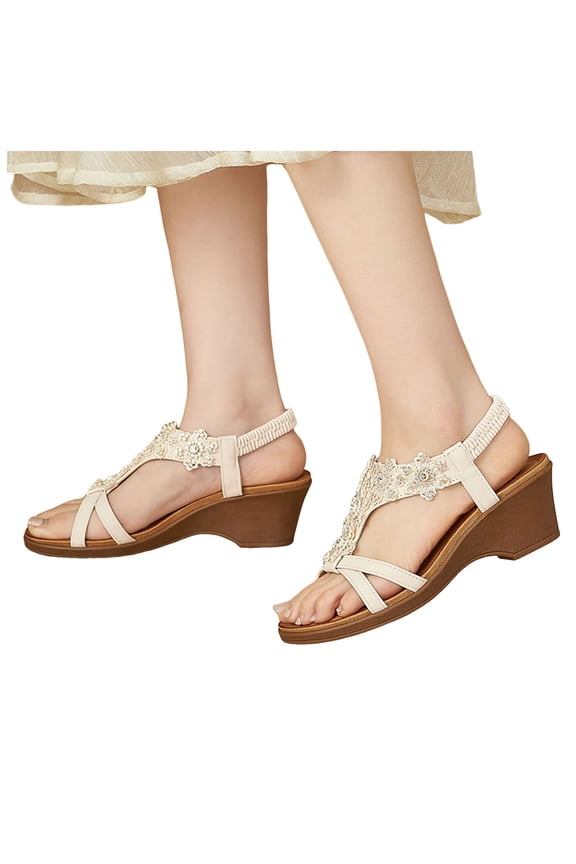 Women's Wedge Sandals Flower Low Heels Summer Dressy Platform Sandal Rhinestone Beach Walking Shoes with Elastic Ankle Strap Size 6-9