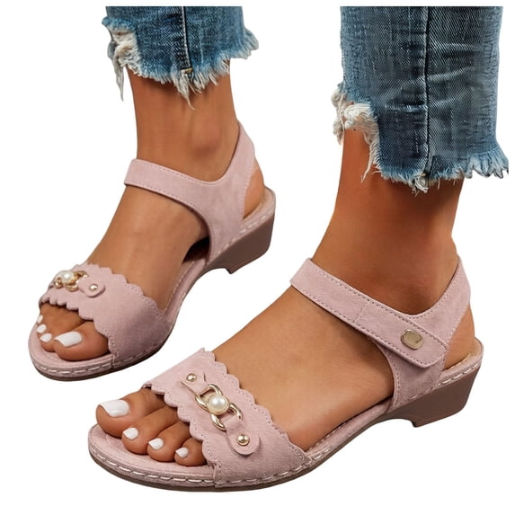 Dakaela Women's Wedge Sandals Leather Orthopedic Platform Dressy Summer Shoes Ankle Strap Chunky Low Heeled Pumps with Arch Support (Red,9)