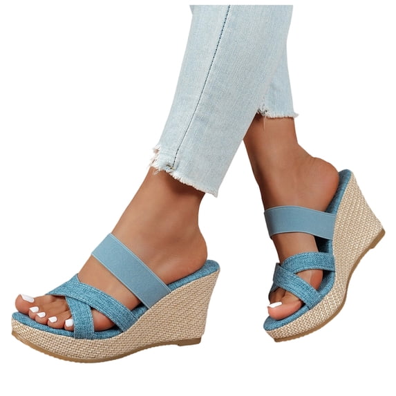 Dakaela Women's Wedge Sandals Platform Espadrille Heels Open Toe Strappy Slip on Dressy Casual Summer Slide Shoes with Criss Cross Strap Black Size 6.5
