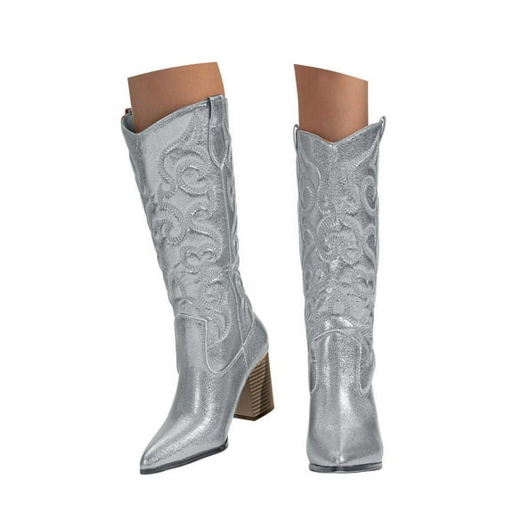 Dakaela Women's Western Cowboy Boots Metallic Knee High Boot Embroidery Wide Calf Pull on Dressy Shoes
