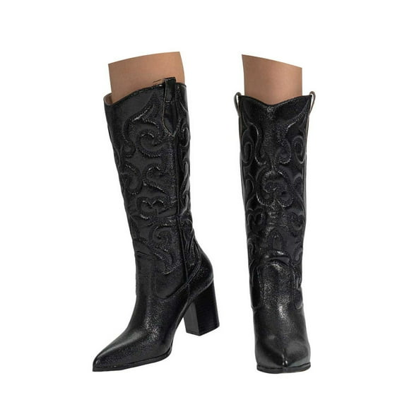 Dakaela Women's Western Cowboy Boots Metallic Knee High Boot Embroidery Wide Calf Pull on Dressy Shoes