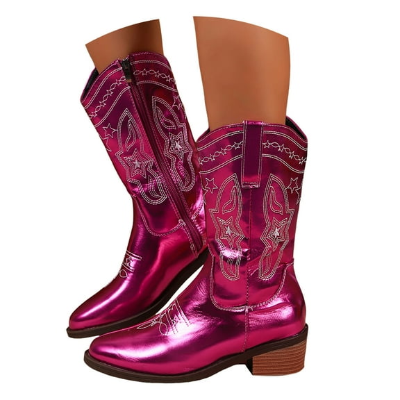 Dakaela Women's Western Cowgirl Boots Embroidered Sparkly Cowboy Wide Mid Calf Pink Riding Booties