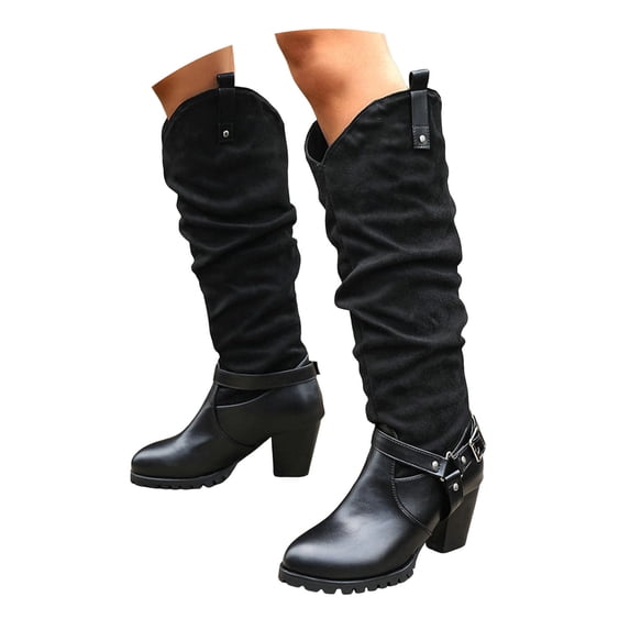 Dakaela Women's Wide Calf Knee High Boots Chunky Mid Heel Slouchy Boot Western Buckle Dress Shoes
