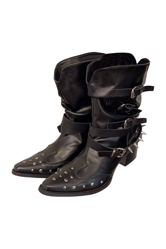 Women's Wide Mid Calf Boots Square Toe Buckle Slouchy Dress Booties Winter Goth Punk Shoes