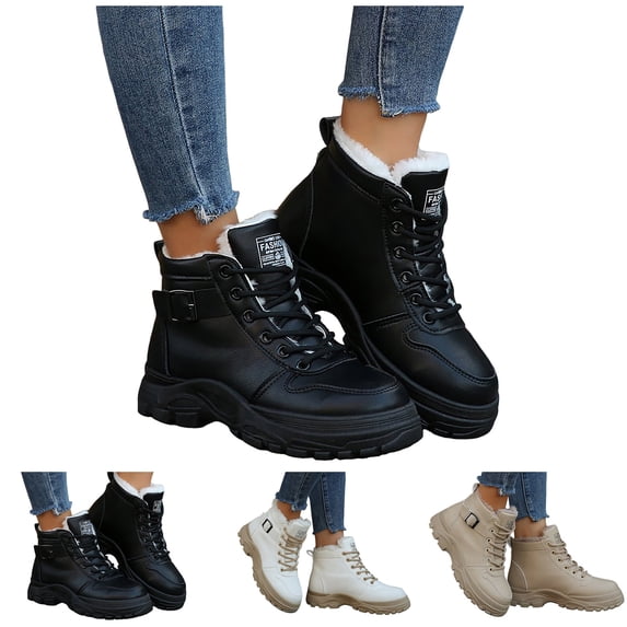 Dakaela Women's Winter Boots Fleece Lined Snow Combat Ankle Booties Waterproof Non Slip Hiking Boots for Women Beige 6.5