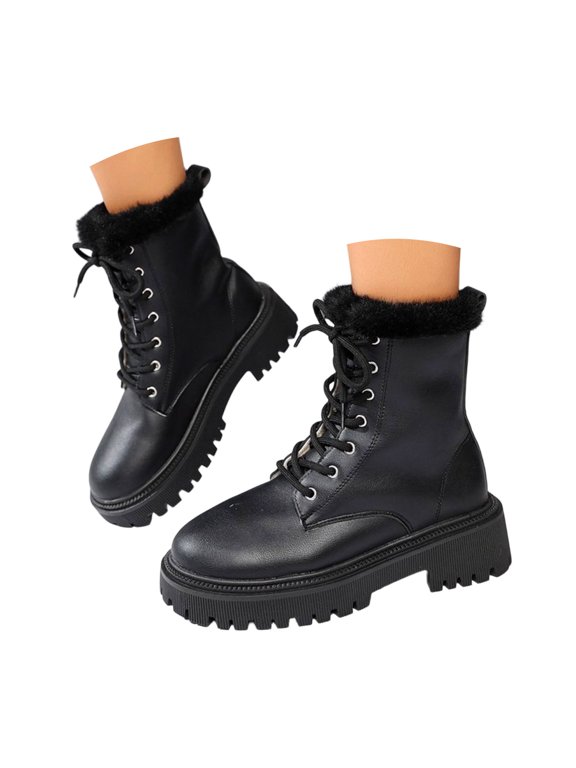 Women's Winter Combat Boots Fleece Lined Lace up Platform Snow Booties Comfortable Warm Non Slip Ankle Boot Black 8