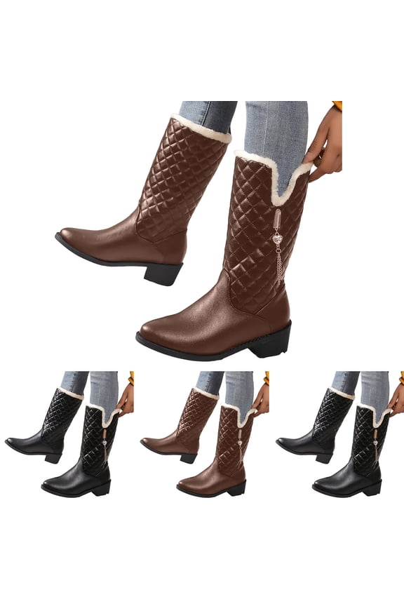 Women's Winter Knee High Boots Leather Fleece Lined Snow Booties Waterproof Slip on Wedding Party Dress Boot Shoes